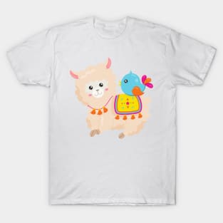 Mexican Llama, Cute Llama, Cute Alpaca, Blue Bird T-Shirt